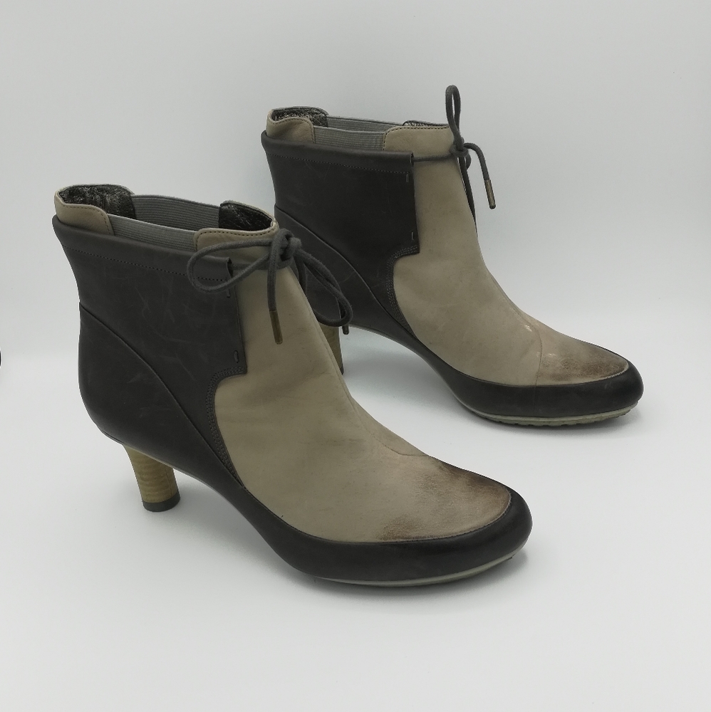 Tsubo Two-Tone Taupe and Dark Brown Leather Ankle Booties with Tie
